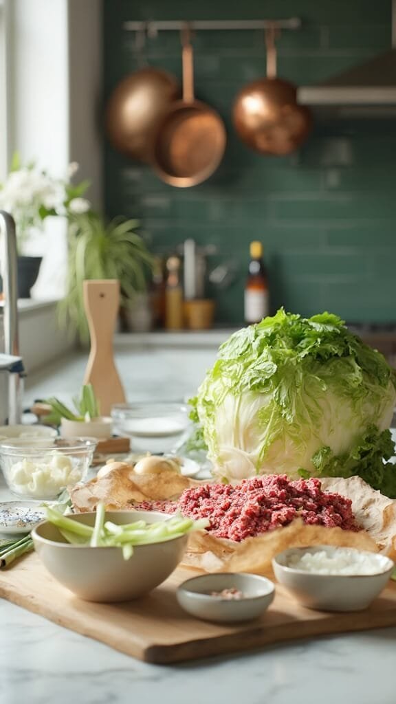 Quick &Amp; Easy Keto Cabbage Stir Fry With Ground Beef 3 Fresh ingredients on a modern kitchen countertop under daylight, featuring green cabbage, ground beef, chopped onions, and various seasonings