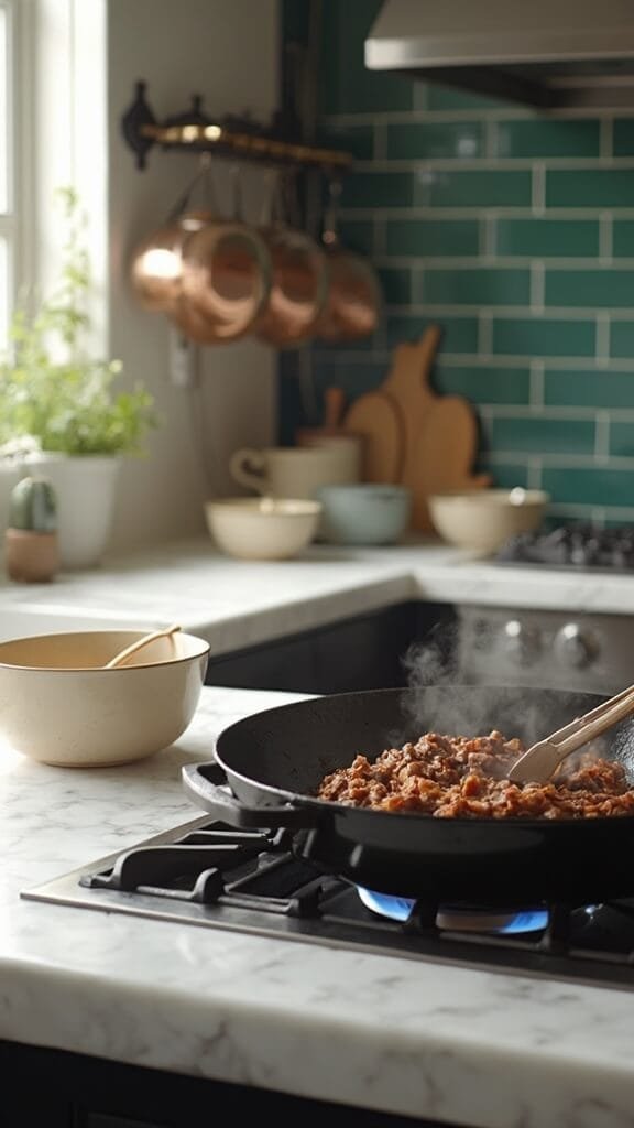 Quick &Amp; Easy Keto Cabbage Stir Fry With Ground Beef 4 Modern kitchen with cooking ground beef in cast-iron wok, warm lighting and green subway tile backsplash