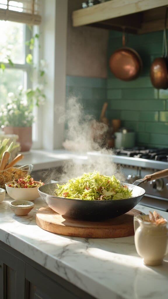 Quick &Amp; Easy Keto Cabbage Stir Fry With Ground Beef 6 Shredded cabbage being added to a wok in a modern kitchen with white marble countertops and green subway tile backsplash, illuminated by natural daylight.