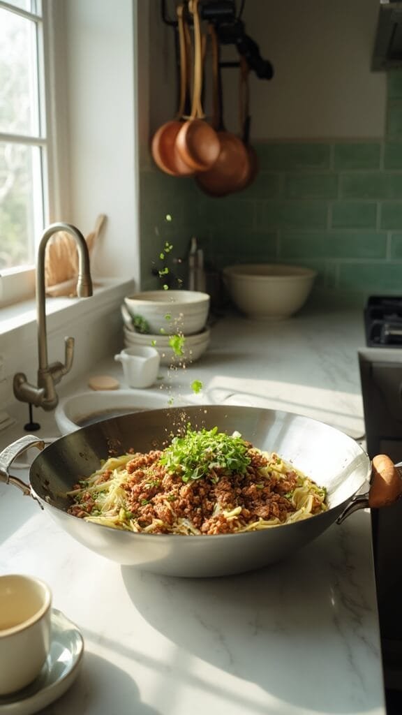 Quick &Amp; Easy Keto Cabbage Stir Fry With Ground Beef 7 Cabbage stir fry with ground beef in a wok, garnished with green onions and sesame seeds in a modern kitchen with green subway tiles and a pot rack with copper pots, under natural daylight