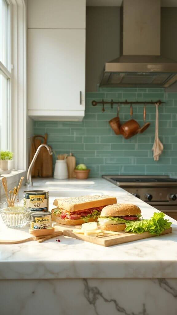 Easy Keto Tuna Melt (3 Ways) 3 Modern kitchen setup for preparing keto tuna melt featuring a can of tuna, mayonnaise, dill relish, cheeses, lettuce, and onion on a wooden cutting board