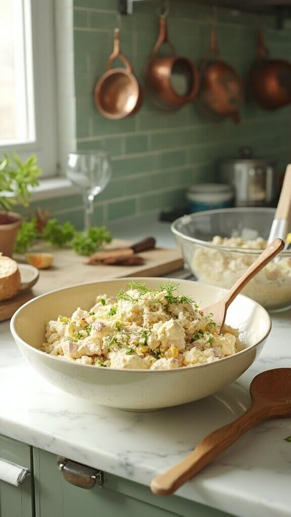 Easy Keto Tuna Melt (3 Ways) 4 Freshly mixed tuna salad in a cream-colored ceramic bowl in a modern kitchen with wooden utensils, green subway tile backsplash, and warm, earthy color grading.