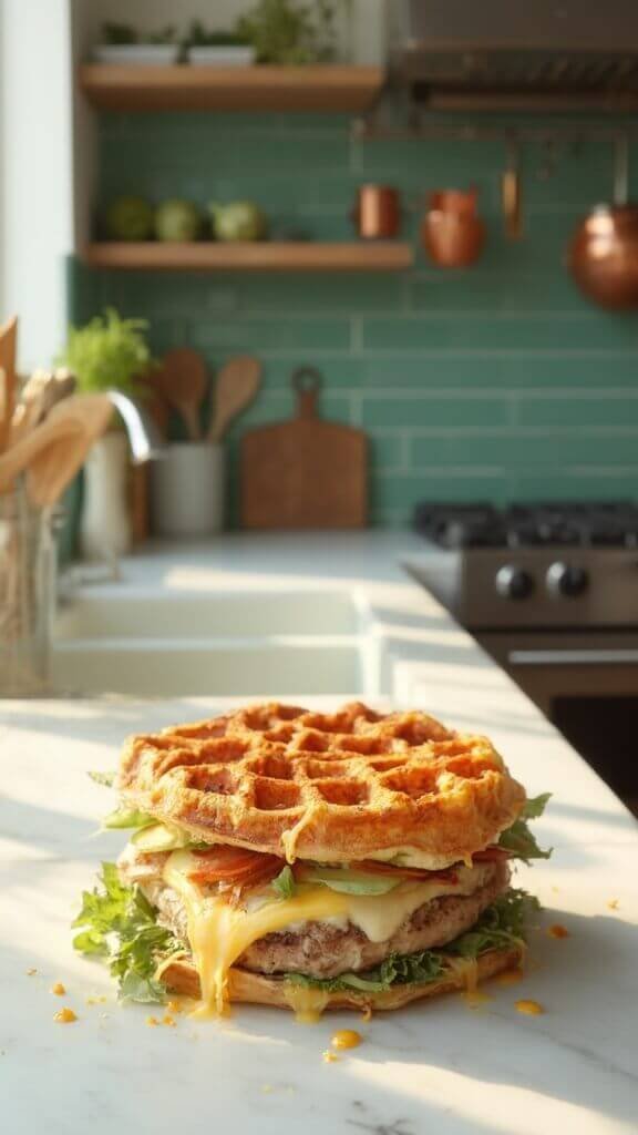 Easy Keto Tuna Melt (3 Ways) 6 Chaffle tuna melt with crispy exterior and melting cheese on a modern kitchen counter, lit by natural daylight from the window.