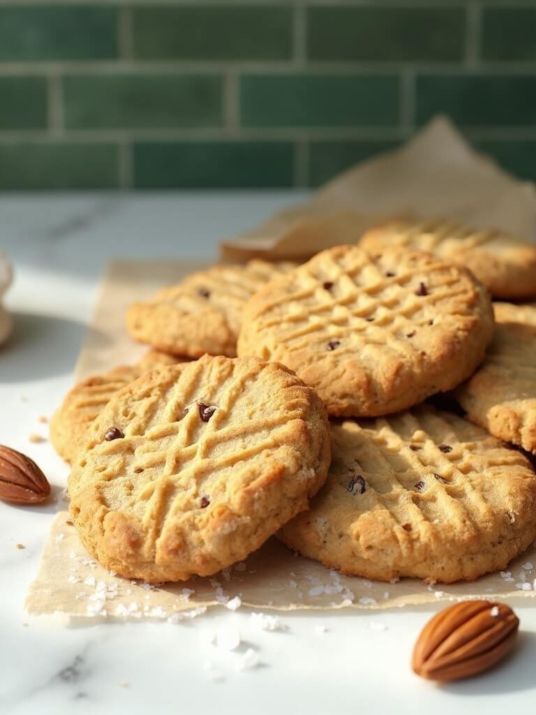 Almond Flour Peanut Butter Cookies 2 "close-up of peanut butter cookies with fork mark texture on white marble countertop, lit by natural daylight, garnished with sea salt in modern kitchen setting"