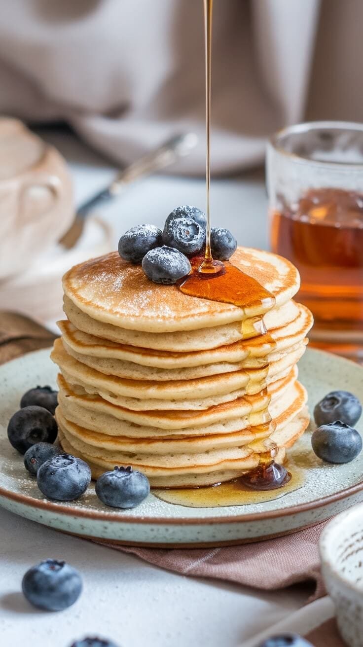 A stack of almond flour pancakes topped with blueberries and syrup