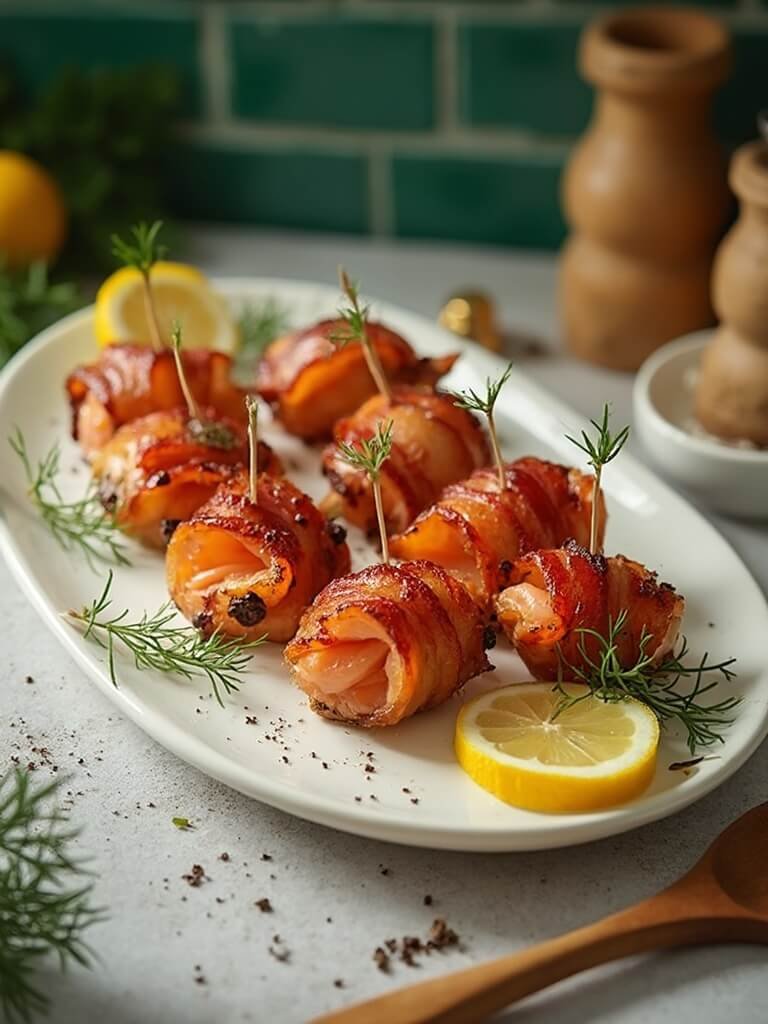 "bacon-wrapped salmon bites on ceramic platter with lemon wedges and dill garnish"