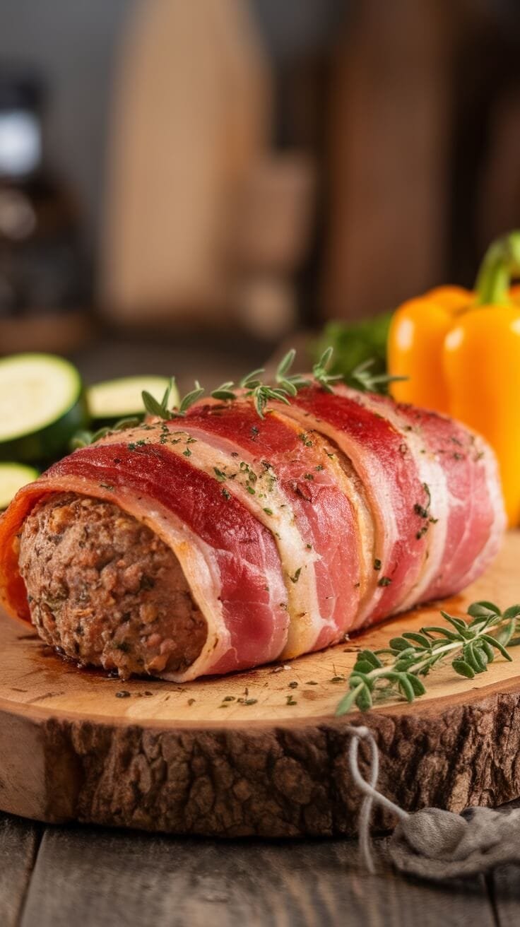 A delicious bacon-wrapped keto meatloaf on a wooden cutting board with fresh herbs and vegetables.