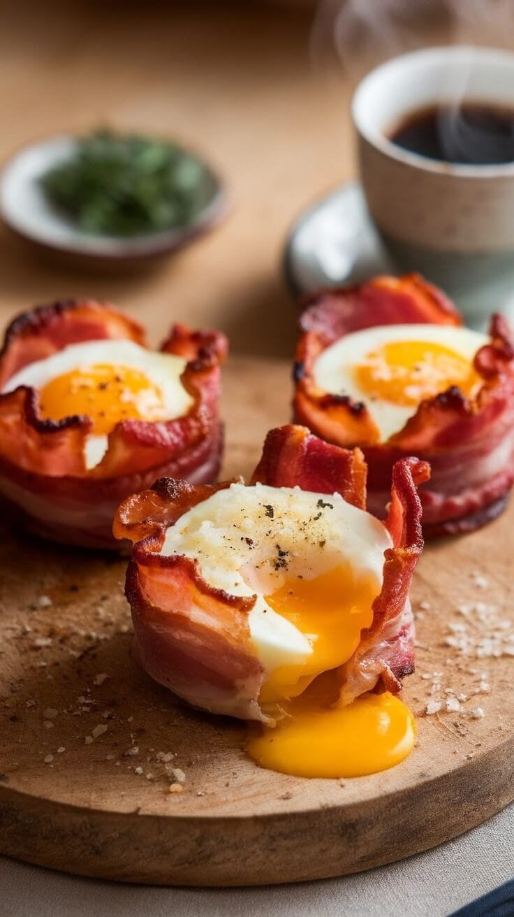 Delicious bacon and egg cups served on a wooden platter with a cup of coffee in the background.