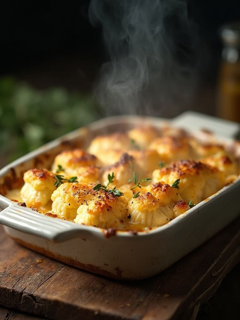 "cauliflower gratin with melted gruyere and parmesan cheese in a rustic dish on a wooden surface, garnished with fresh thyme and cracked black pepper"