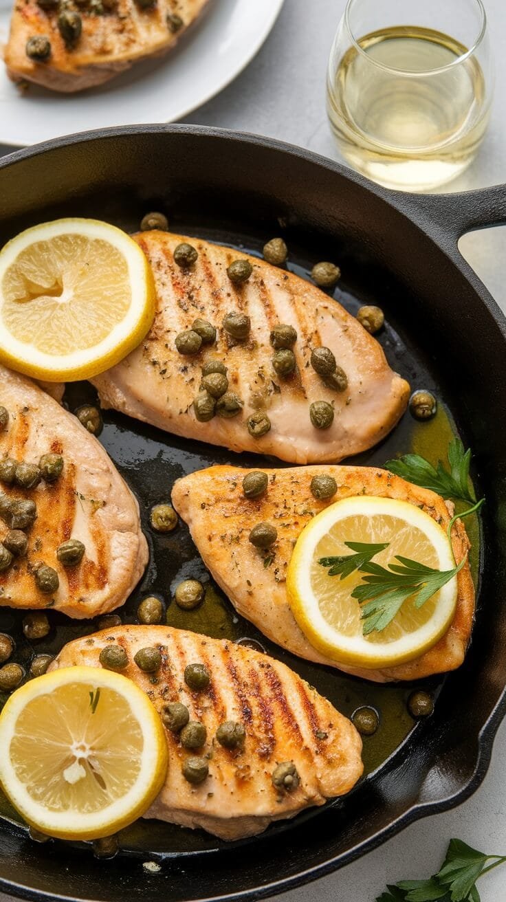 A skillet with grilled chicken breasts topped with lemon slices and capers.