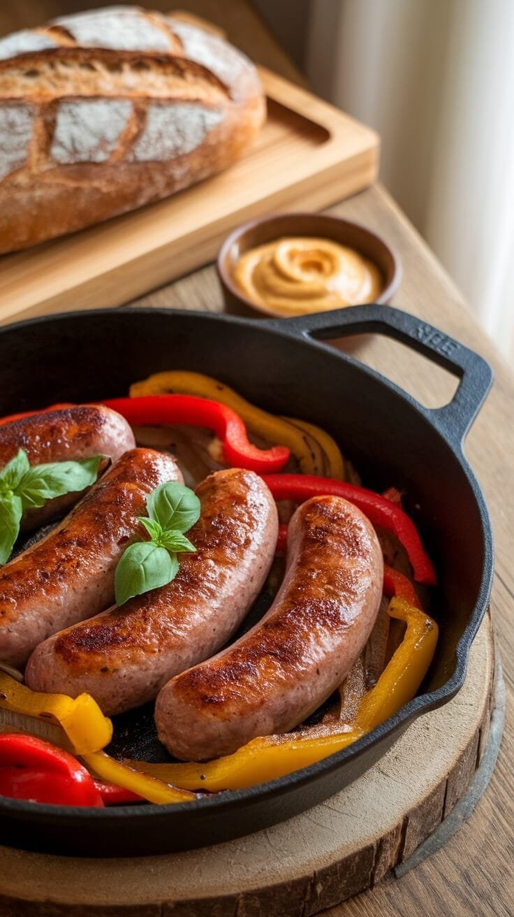 A cast iron skillet with italian sausages and colorful bell peppers, garnished with fresh basil.