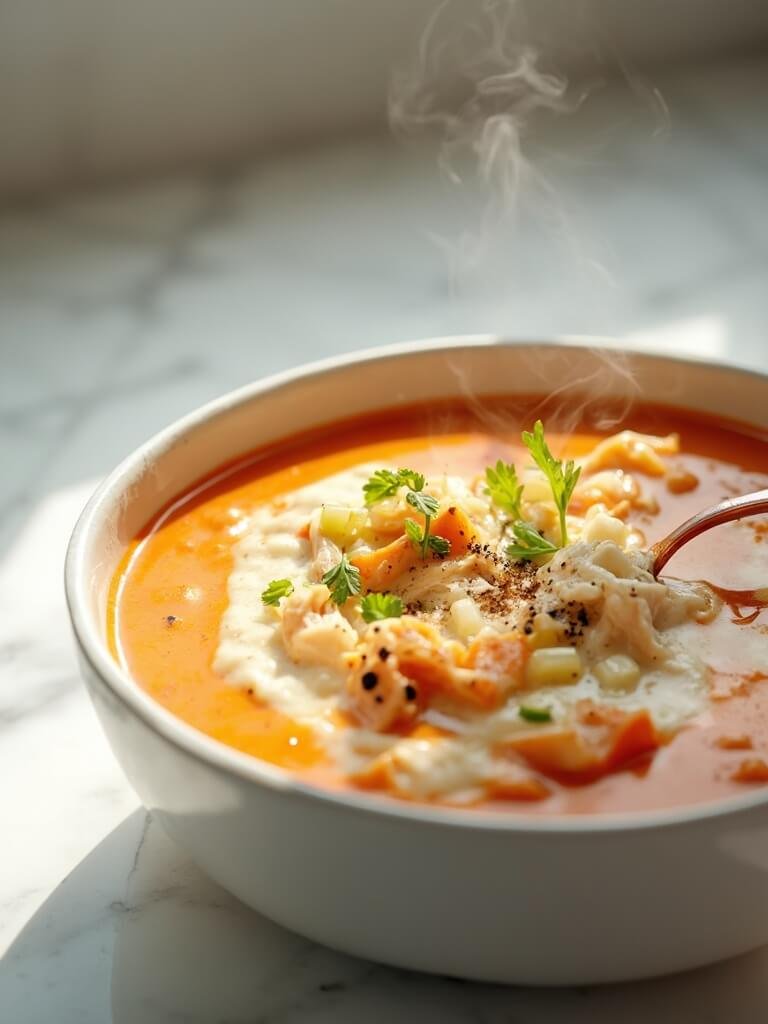 "creamy buffalo chicken soup with shredded chicken and celery in a white ceramic bowl on a marble countertop"