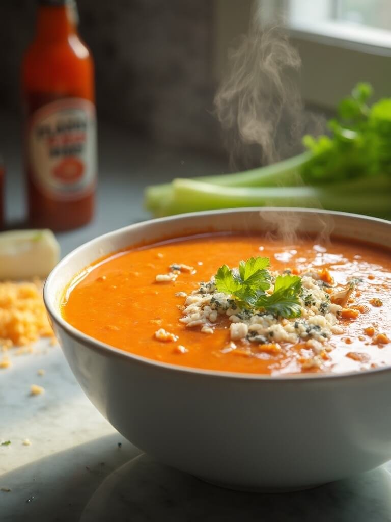 "steaming bowl of creamy buffalo chicken soup garnished with celery and blue cheese, served on a marble countertop with ingredients in background"