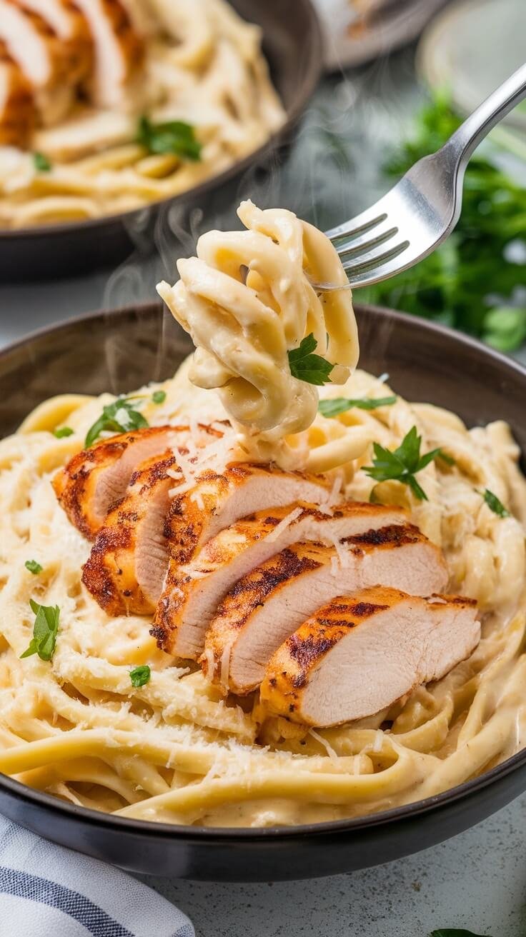 A bowl of creamy keto chicken alfredo with cauliflower noodles and sliced grilled chicken on top.