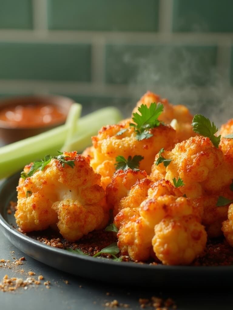 "crispy buffalo cauliflower bites with almond-parmesan coating, garnished with parsley on a black plate, with blue cheese and celery sticks in a modern kitchen setting"