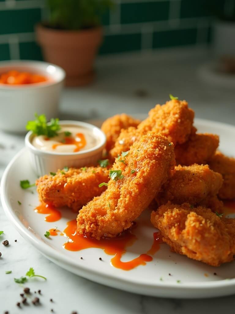 "crispy keto chicken tenders with buffalo ranch on a white platter, garnished with fresh parsley and cracked black pepper, served on a marble countertop"
