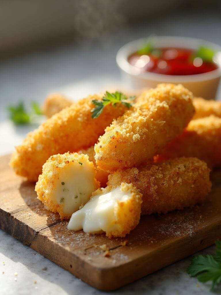 "gourmet keto mozzarella sticks with almond flour breading on a rustic serving board, garnished with fresh parsley and served with marinara sauce"