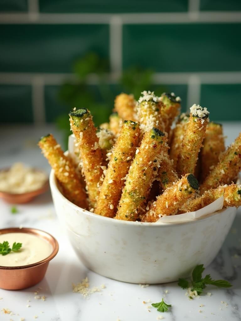 "crispy baked keto zucchini fries with parmesan almond coating in a rustic white bowl, garnished with parsley, on a white marble countertop with a garlic aioli sauce on the side"