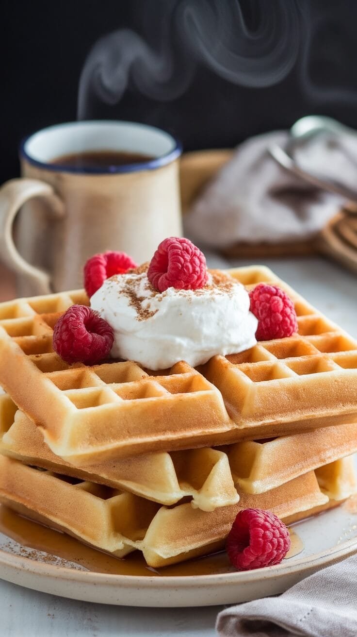 Fluffy keto belgian waffles topped with whipped cream and raspberries