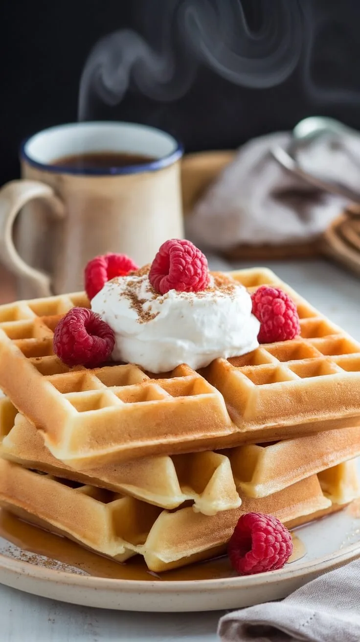 8 Energizing High Protein Low Carb Breakfasts To Keep You Satisfied 7 Fluffy keto belgian waffles topped with whipped cream and raspberries