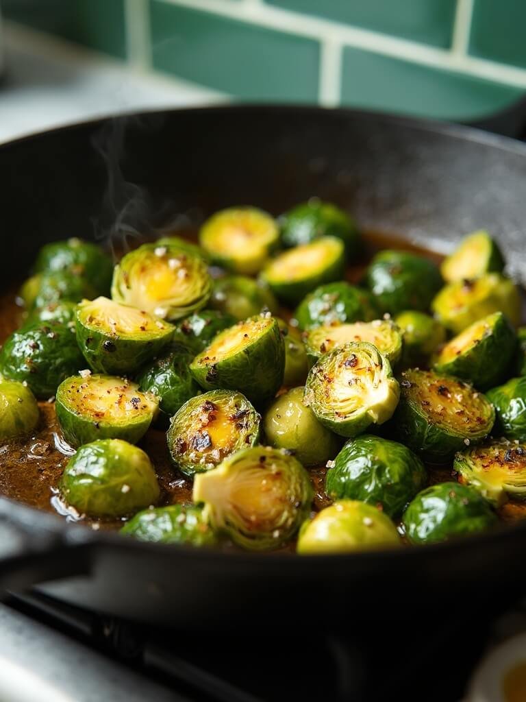 "caramelized brussels sprouts in garlic butter in a cast-iron skillet, garnished with fresh red pepper flakes, black pepper, and sea salt on a marble countertop in a modern kitchen"