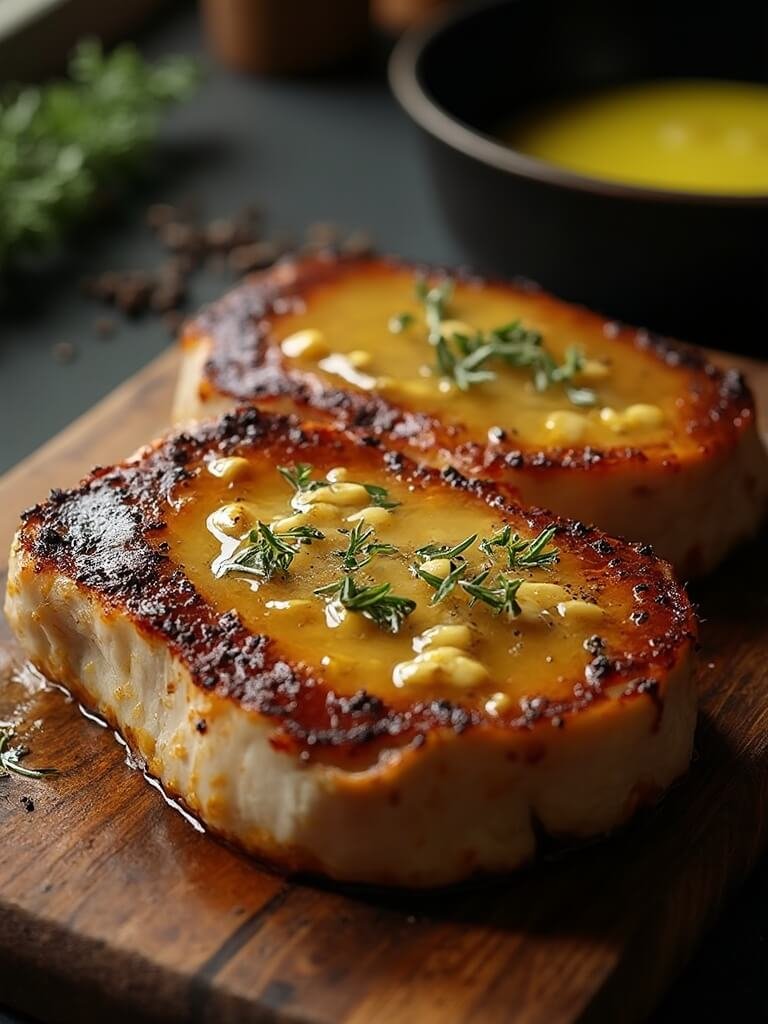 "garlic butter pork chops with fresh thyme on wooden board, with slight view of cast iron skillet in background"