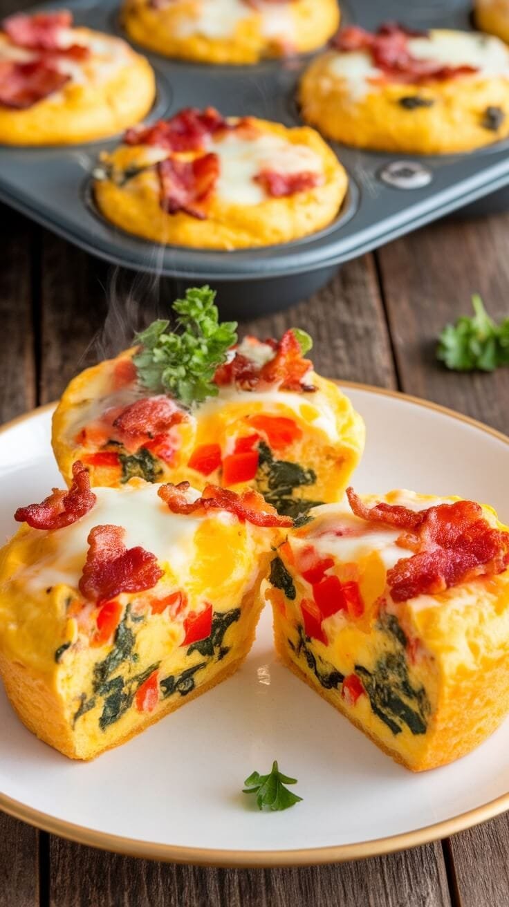 Colorful healthy keto egg muffins with bacon and vegetables