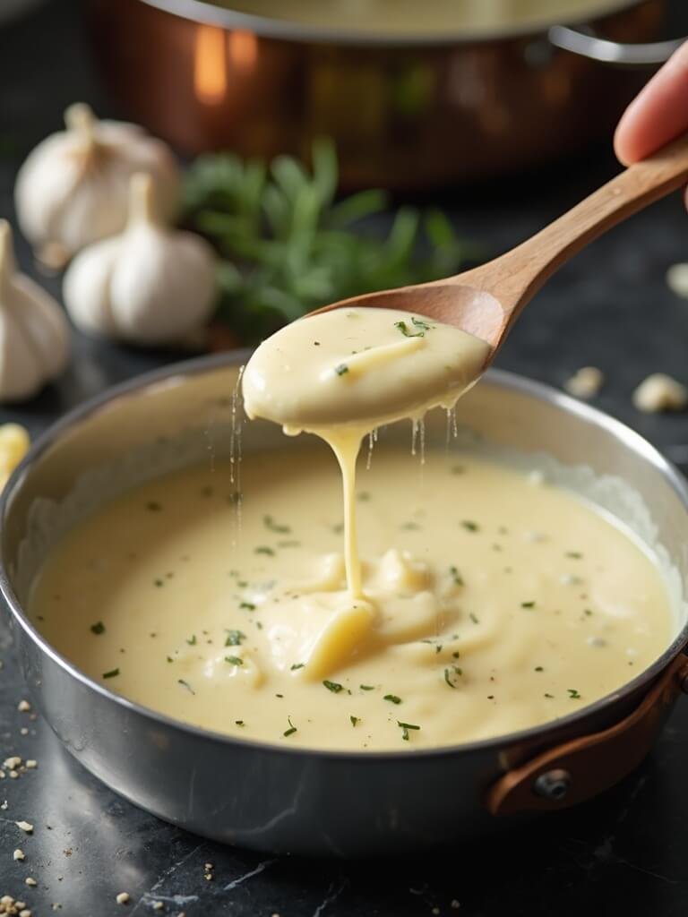 Keto Alfredo Sauce (Rich &Amp; Creamy) 2 "close-up of keto alfredo sauce being poured from a stainless steel pan, garnished with fresh herbs, grated parmesan, and whole garlic bulbs on a dark marble countertop. "