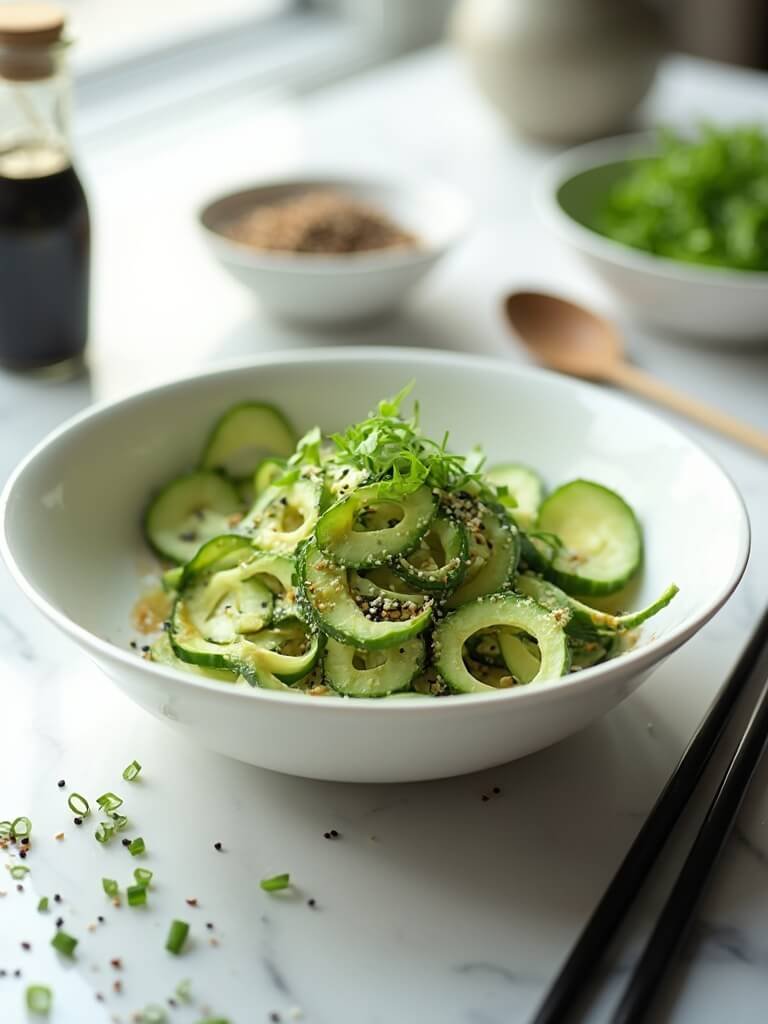 "vibrant asian cucumber salad with sesame dressing in a white bowl, garnished with green onions and sesame seeds, served with black chopsticks"