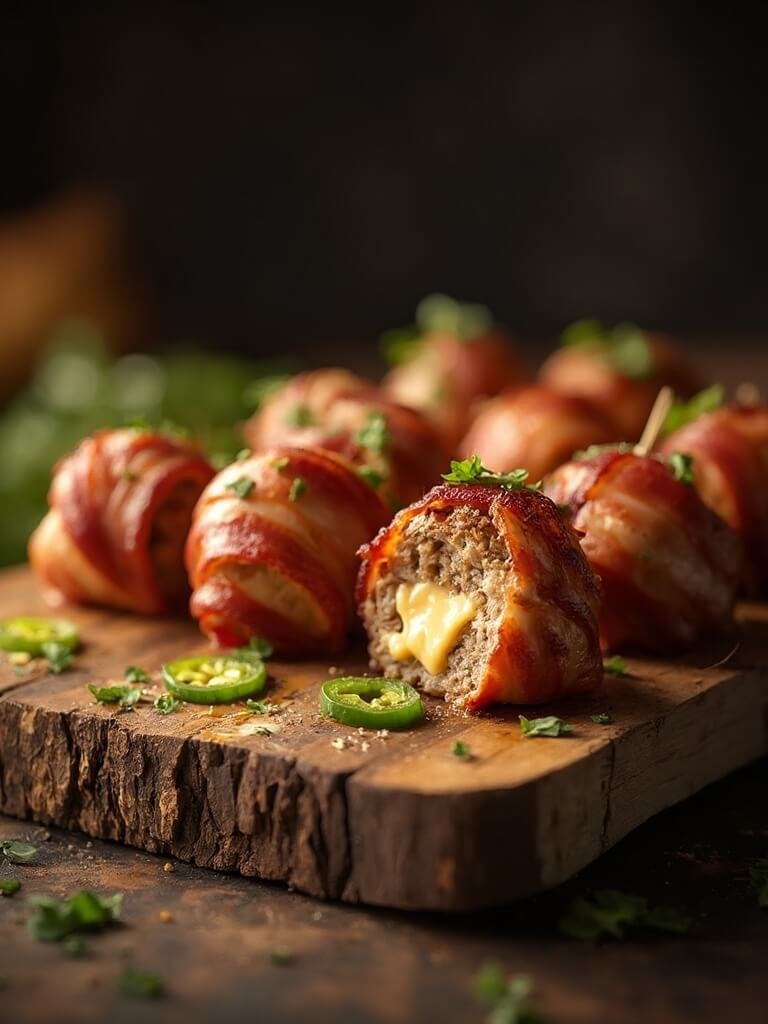 "bacon-wrapped jalapeño meatballs with cheese filling on a rustic wooden board"