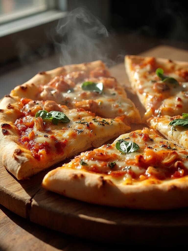 Keto Bbq Chicken Pizza With Fathead Crust 2 "keto bbq chicken pizza with caramelized sauce, melted cheese, and fresh parsley on wooden board"