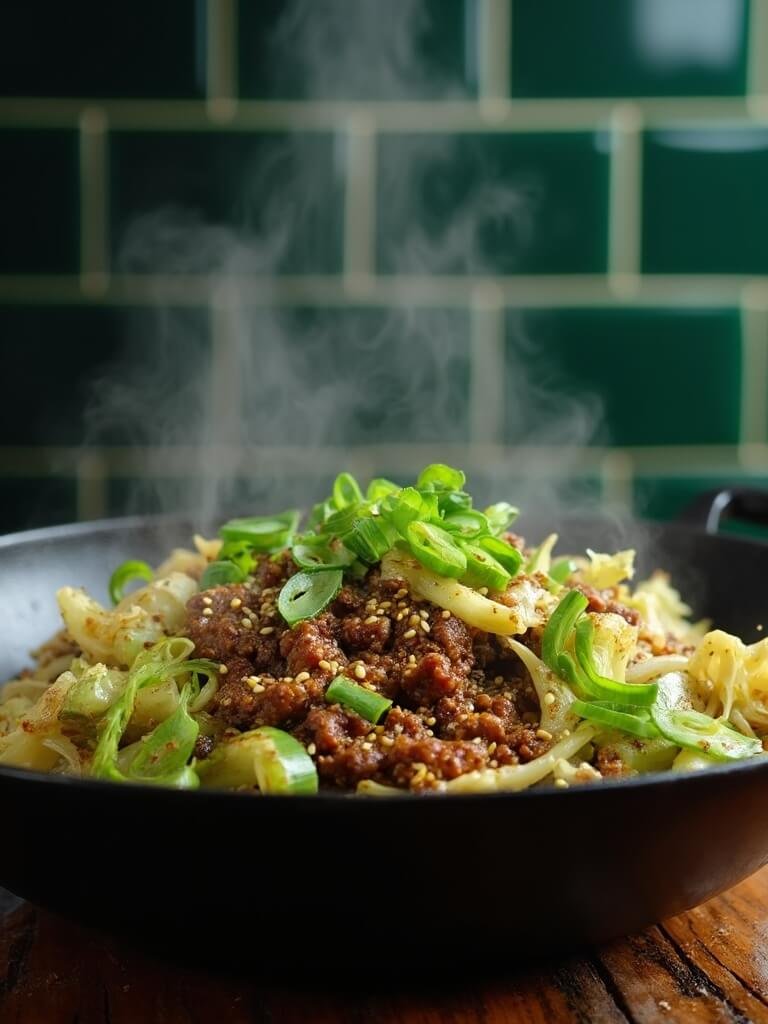 "hot keto cabbage and beef stir-fry in a cast-iron wok on a rustic wooden surface, garnished with green onions and sesame seeds"