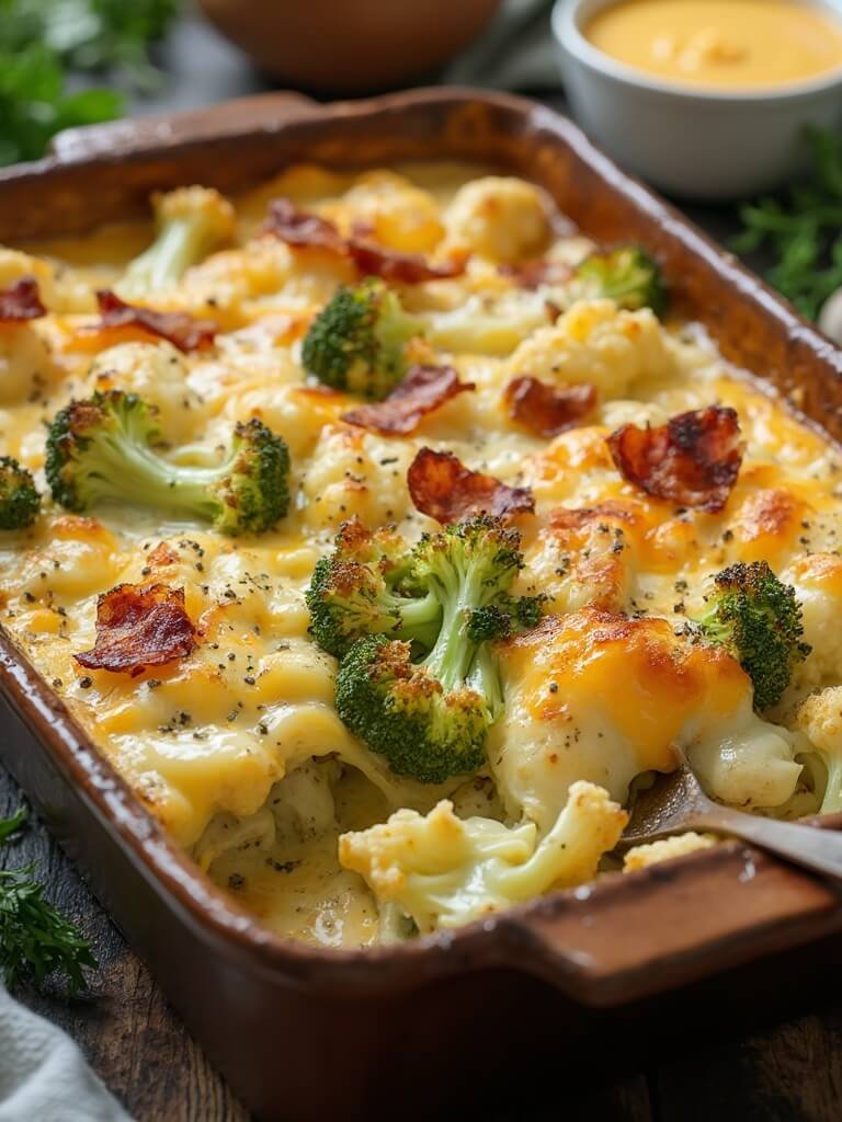 Keto Cheesy Broccoli And Cauliflower Bake 2 "keto cheesy broccoli and cauliflower bake with bacon in a ceramic dish on a wooden surface, garnished with black pepper and garlic, in natural light"
