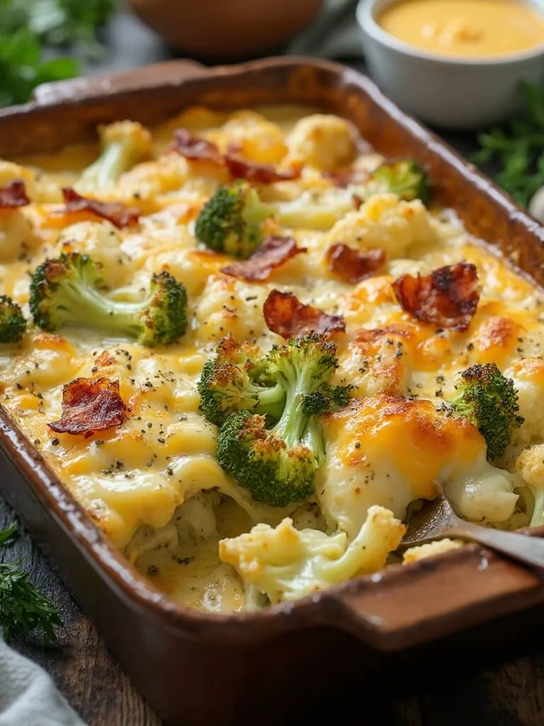 "keto cheesy broccoli and cauliflower bake with bacon in a ceramic dish on a wooden surface, garnished with black pepper and garlic, in natural light"