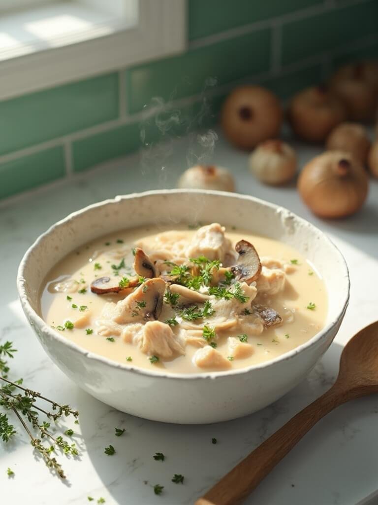 "creamy keto chicken and mushroom soup in a white ceramic bowl on a white marble countertop, garnished with fresh parsley, with a wooden spoon, thyme sprigs, and fresh mushrooms in the background"