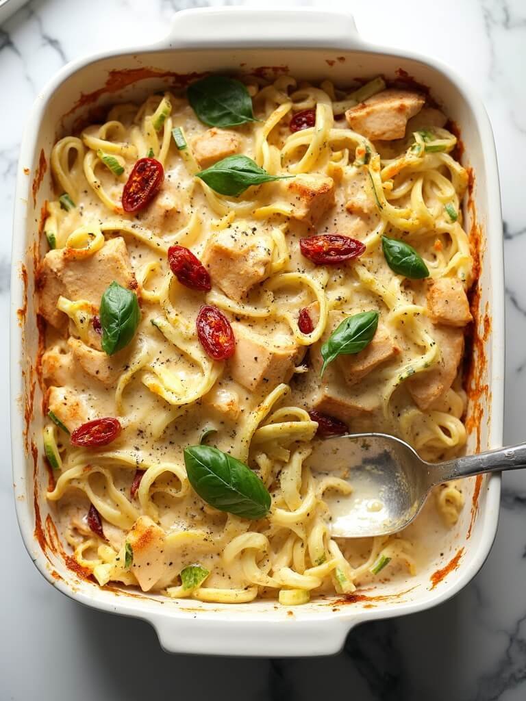 Keto Chicken Alfredo Zoodle Casserole 2 "overhead shot of keto chicken alfredo zoodle casserole with sundried tomatoes in a white baking dish on a marble countertop"