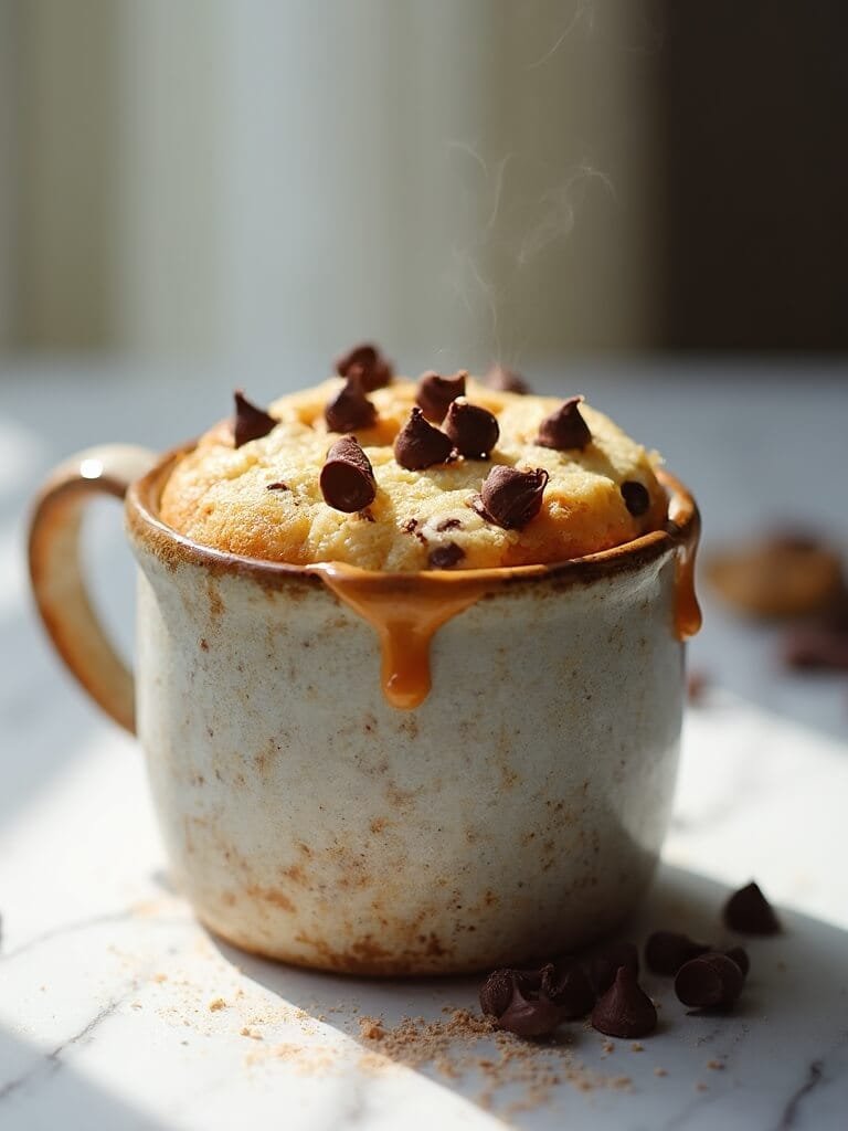 "freshly-baked keto chocolate chip mug cake with melting chips on a marble counter"