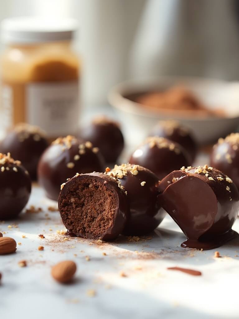 "keto chocolate almond fat bombs with ingredients on a white marble surface"