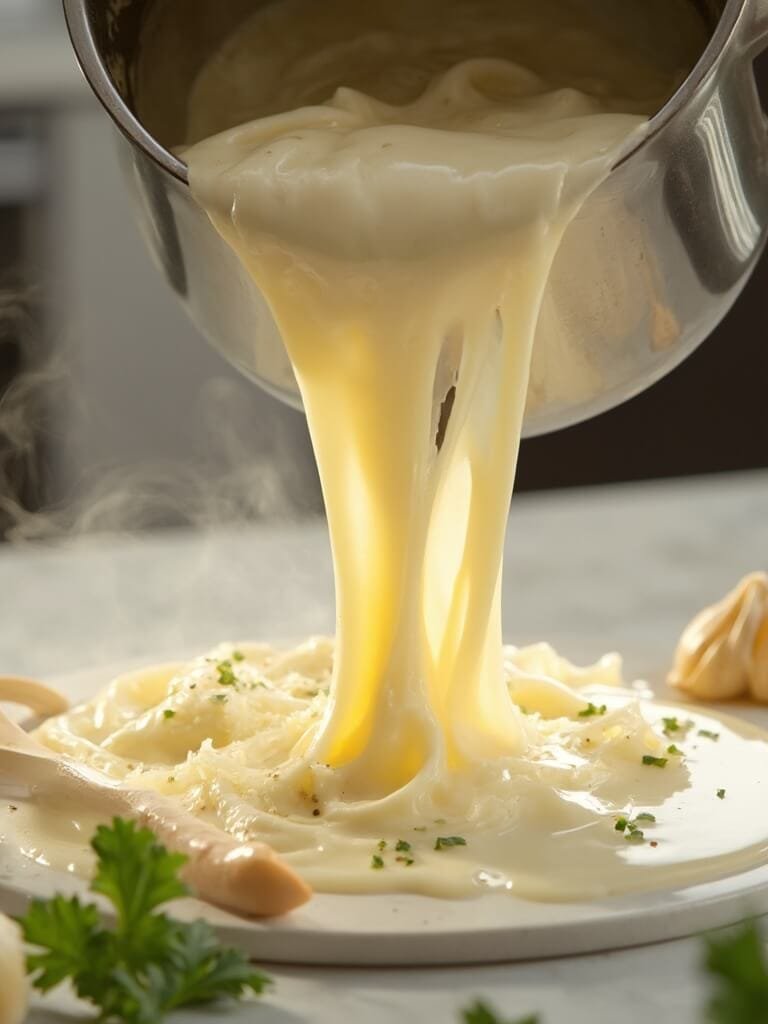 Homemade Keto Alfredo Sauce (Rich, Creamy &Amp; Ready In 15 Minutes) 2 "close-up of creamy alfredo sauce with parmesan, garlic, and herbs being poured from a stainless steel saucepan on a marble countertop"