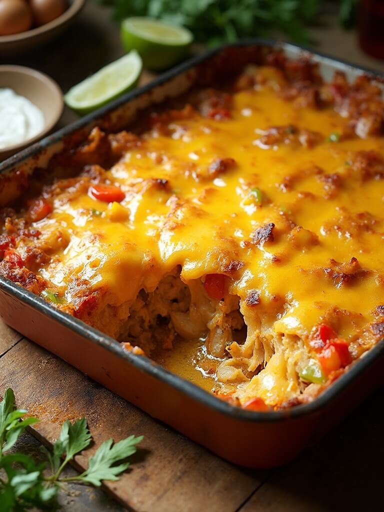 Keto Chicken Fajita Casserole (Easy One-Pan Low-Carb Dinner) 2 "overhead shot of hot keto chicken fajita casserole with colorful sautéed peppers, caramelized onions, melted cheddar and cream cheese garnished with lime wedges and sour cream on rustic wooden table. "
