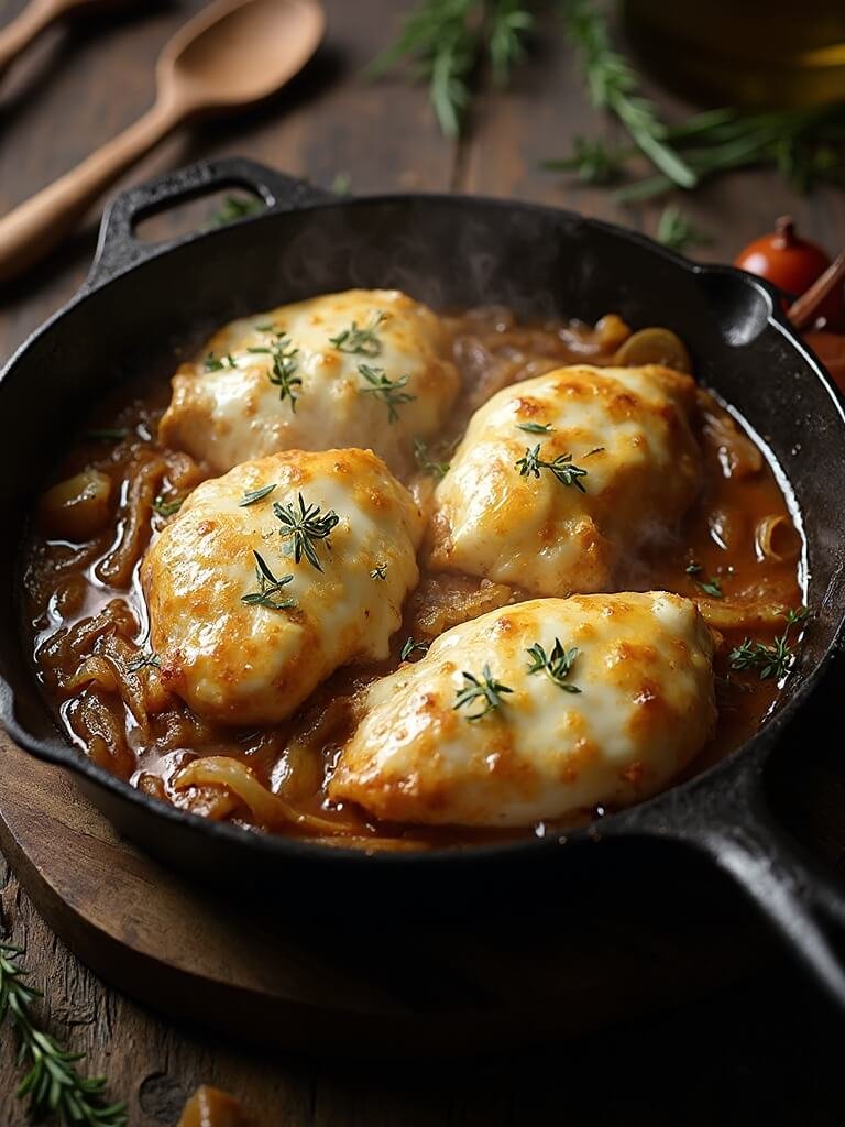 "sizzling keto french onion chicken skillet with caramelized onions and melted gruyère cheese on a rustic wooden background"