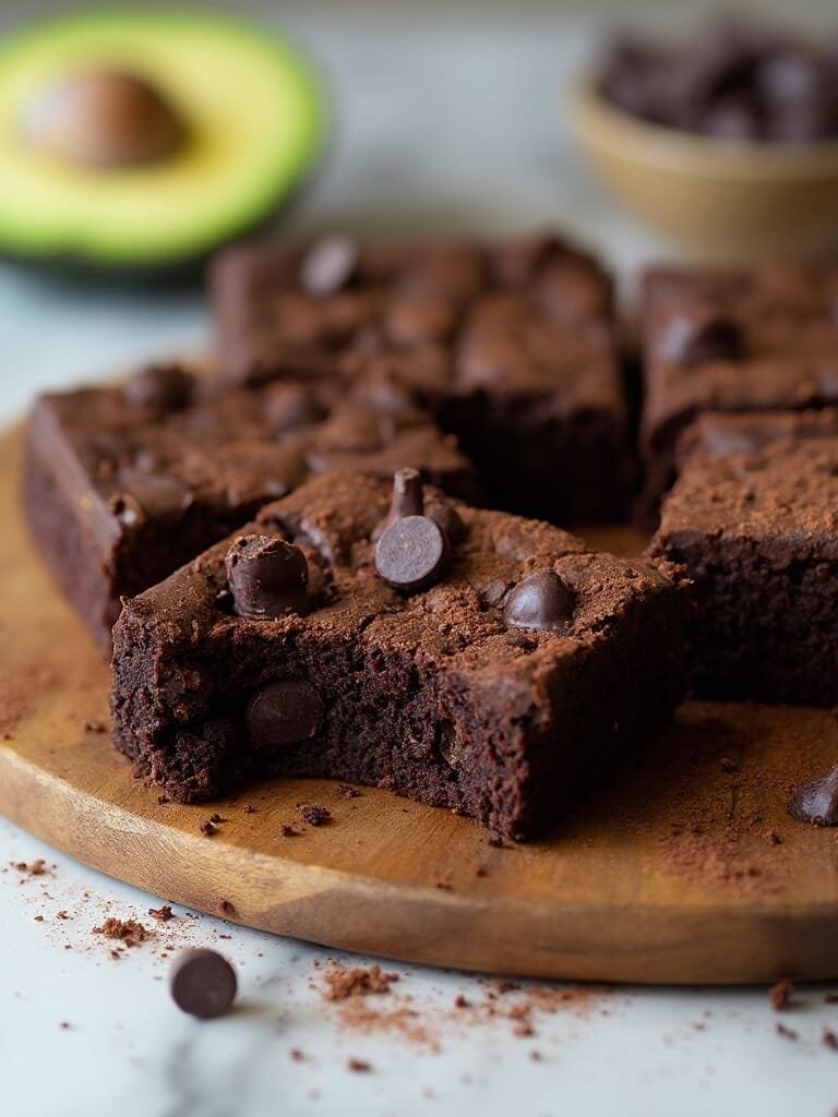 "keto avocado brownies with chocolate chips and almond flour on a wooden board and marble countertop"