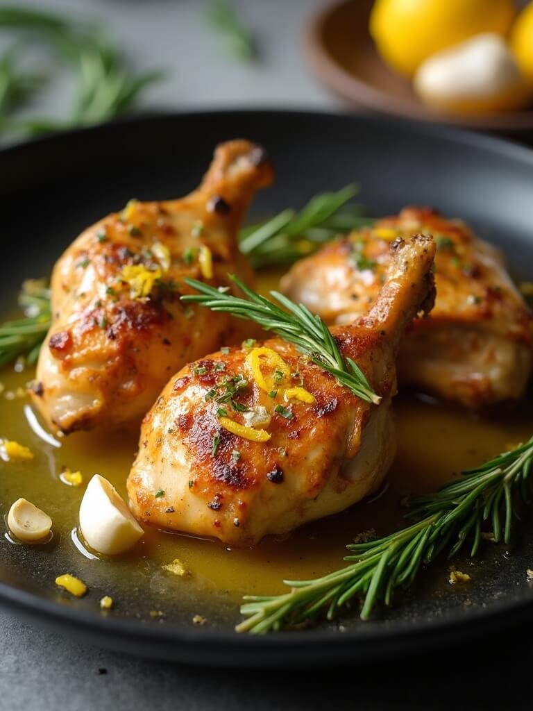 Keto Garlic Butter Chicken Thighs 2 "golden-brown chicken thighs with garlic butter sauce, rosemary sprigs, and lemon zest on a black ceramic plate"