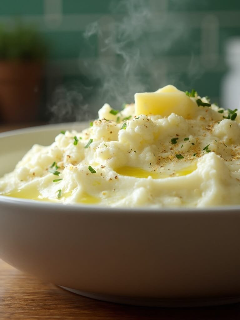 Keto Mashed Cauliflower With Garlic &Amp; Parmesan 2 "close-up of creamy keto garlic parmesan mashed cauliflower in a bowl, garnished with herbs and melting butter"