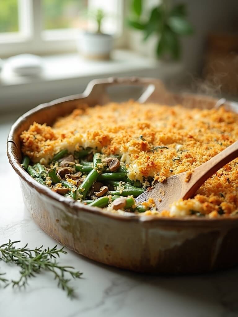"fresh keto green bean casserole with crispy pork rind topping in a rustic ceramic dish, garnished with thyme sprigs in a modern farmhouse kitchen setting. "