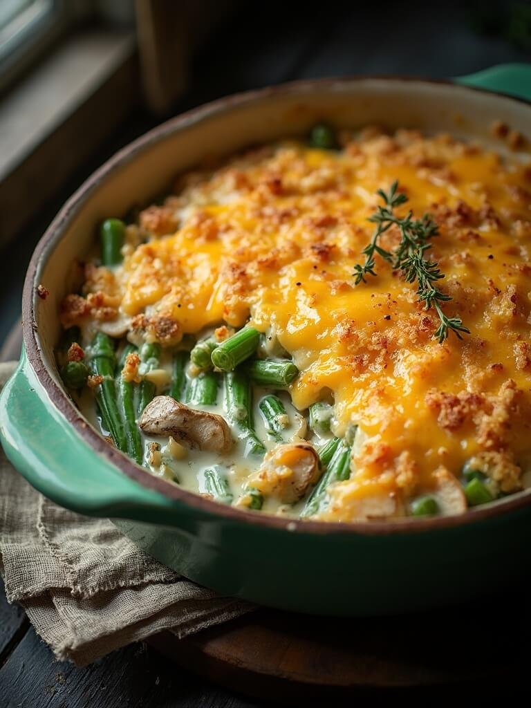 "keto green bean casket with creamy mushroom sauce in a rustic baking dish, garnished with fresh thyme and black pepper"