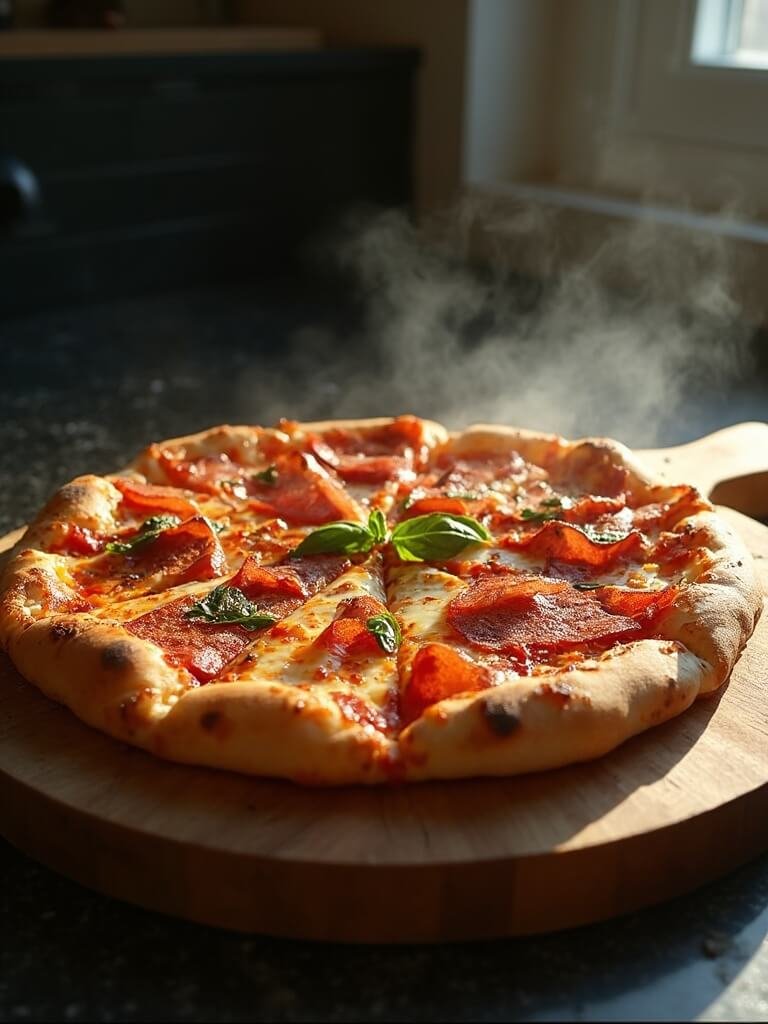 Keto Meat Lovers' Pizza With Fathead Dough 2 "freshly baked keto meat lovers' pizza with fathead crust and assorted toppings on rustic wooden board in modern kitchen setting"