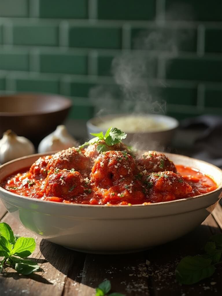 Keto Italian Meatballs With Marinara Sauce 2 "rustic presentation of keto-friendly italian meatballs in marinara sauce, garnished with parsley and parmesan, in a modern kitchen setting"