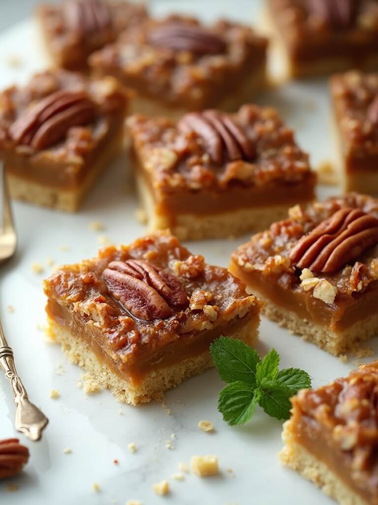 "keto pecan pie bars with caramel almond crust, arranged perfectly on a white marble surface, under soft natural light"