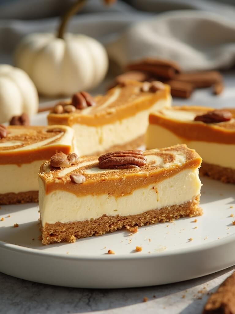 "keto pumpkin cheesecake bars with marbled cream cheese and pumpkin layers on a white ceramic plate, garnished with pecans and pumpkin spice"